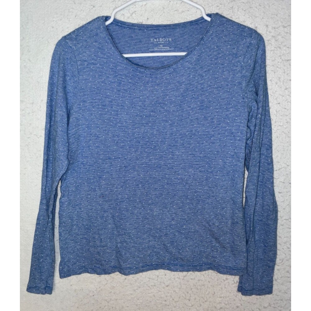 Talbots Petites Long Sleeve Striped Polka Dots Blue Top Size SP 100% Cotton